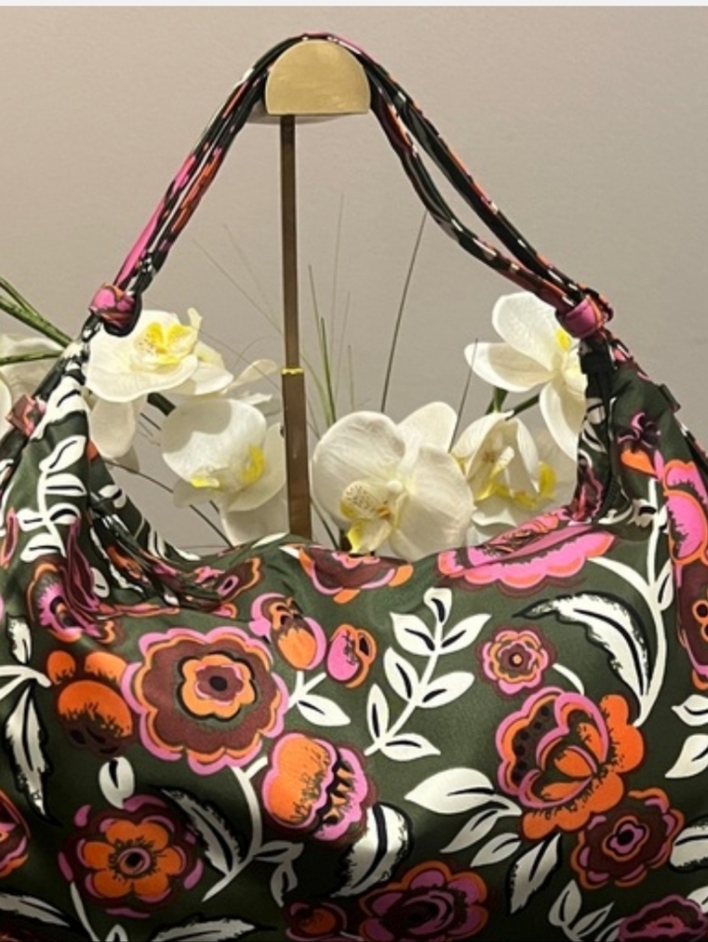 Floral Print Shoulder Bag in Olive with Pink & Orange Accents